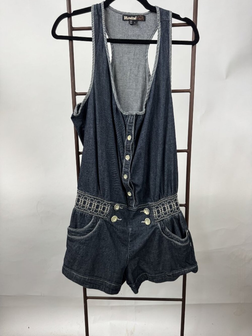 Rewind Denim Button-Front Romper L Large Sleeveless With Pockets